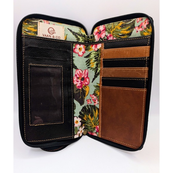 Vaan & Co Upcycled Leather Tropical Floral Crossbody Wallet Bag Yellow Black - Picture 3 of 15
